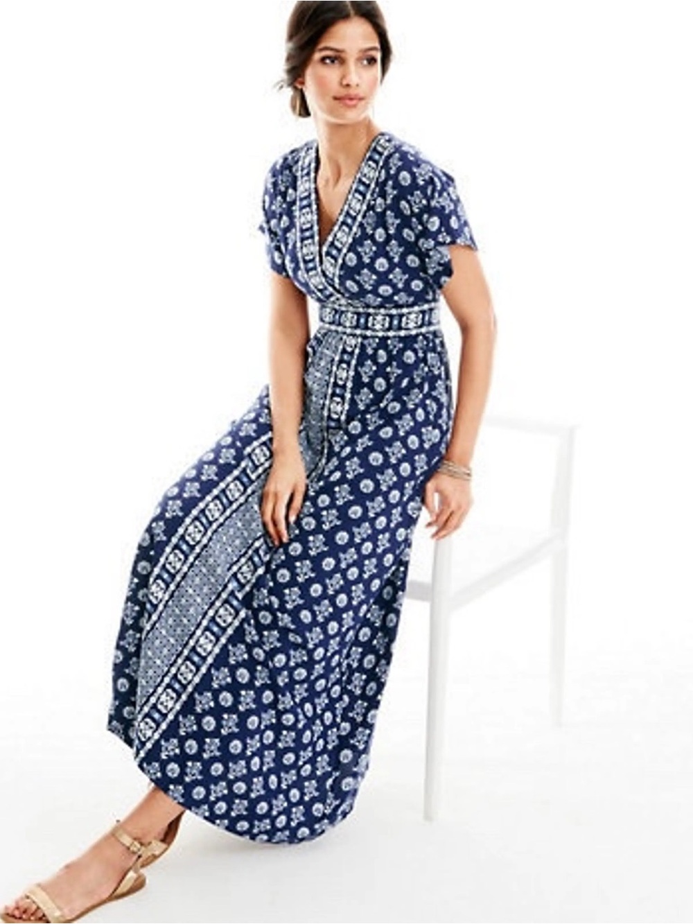Garnet Hill Navy Floral Maxi Dress - Boho Border Print - Size 4